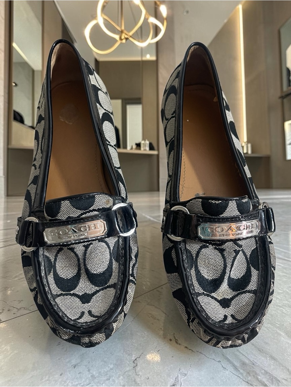 Coach Black and Gray Signature Logo Loafers with Silver Plaque